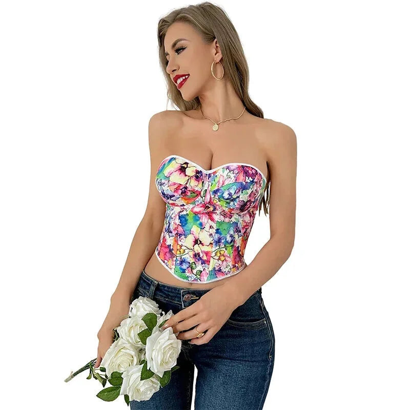 Floral Print Lace Bustier Plus Size S-Xxl Strapless Corset With Boning And Lace-Up Closure - Xl