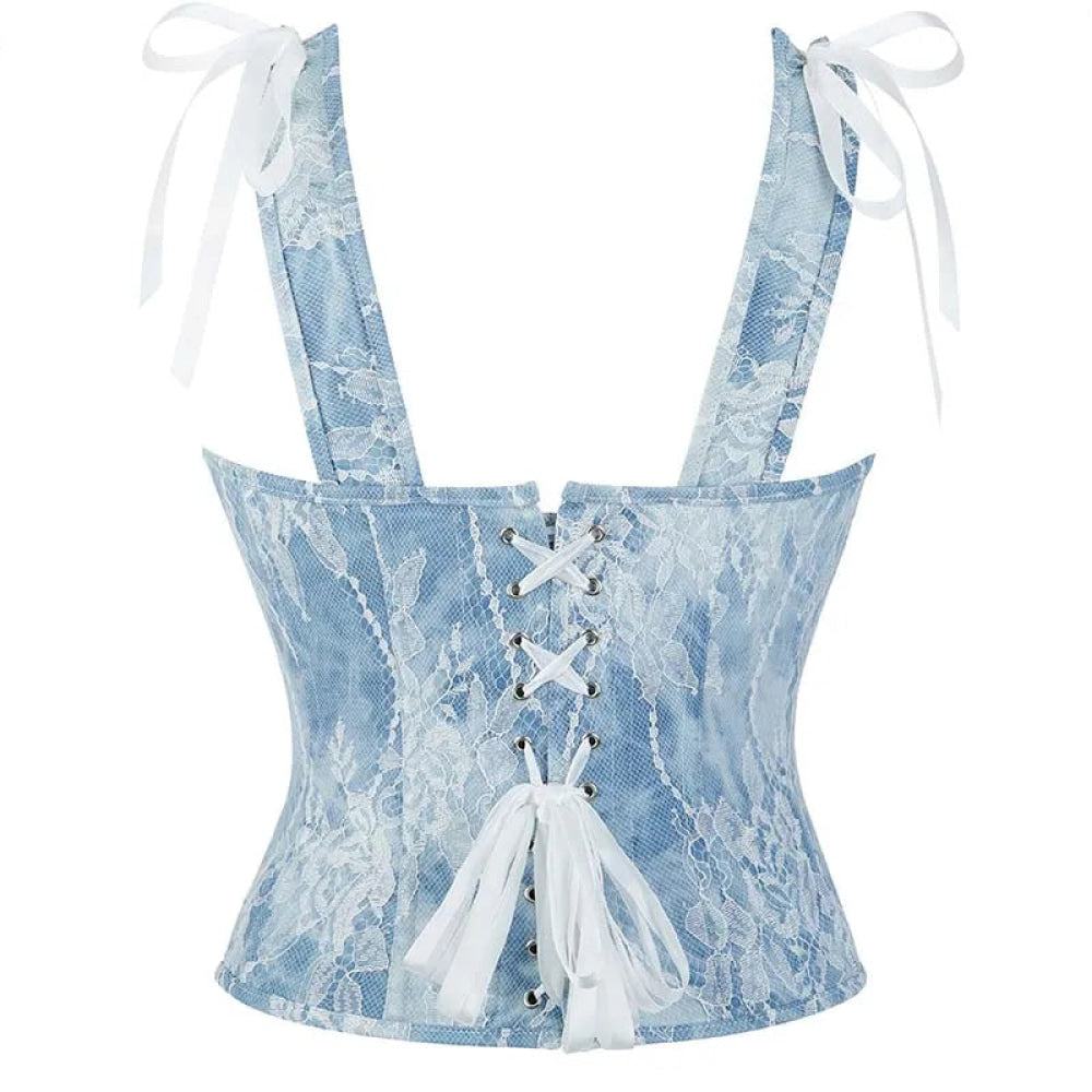 Steampunk Lace Corset Bustier With Floral Overlay And Fishbone Support - S