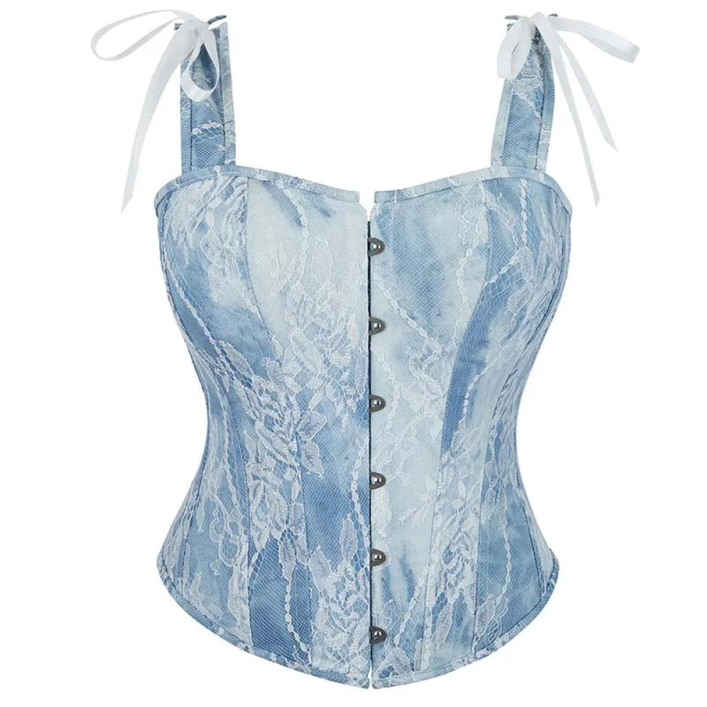 Steampunk Lace Corset Bustier With Floral Overlay And Fishbone Support - M