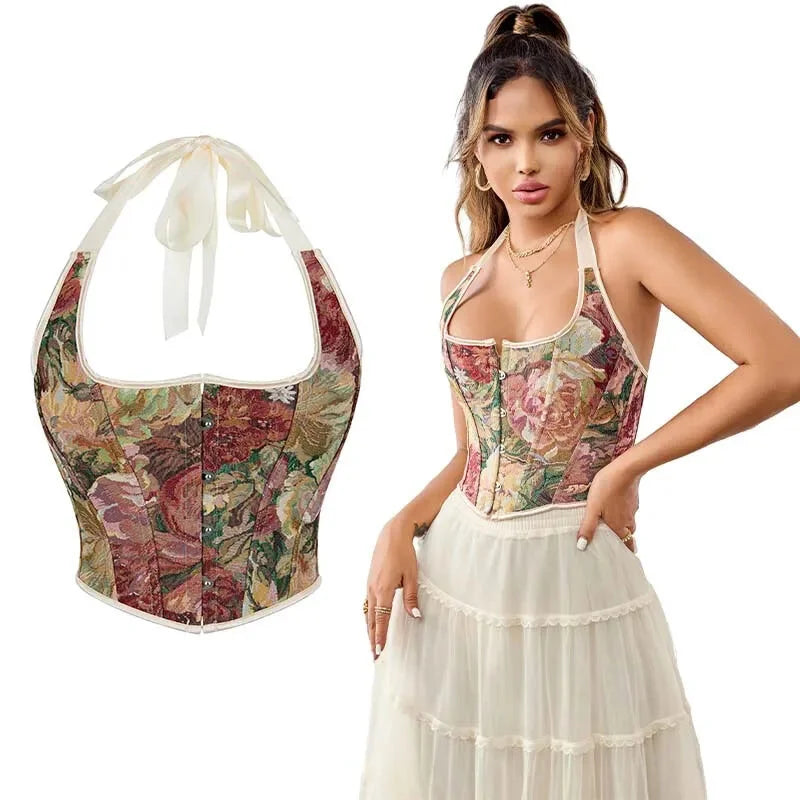 Retro Floral Print Halterneck Corset Top Front Busk Closure Plus Size Xs-Xxl - S