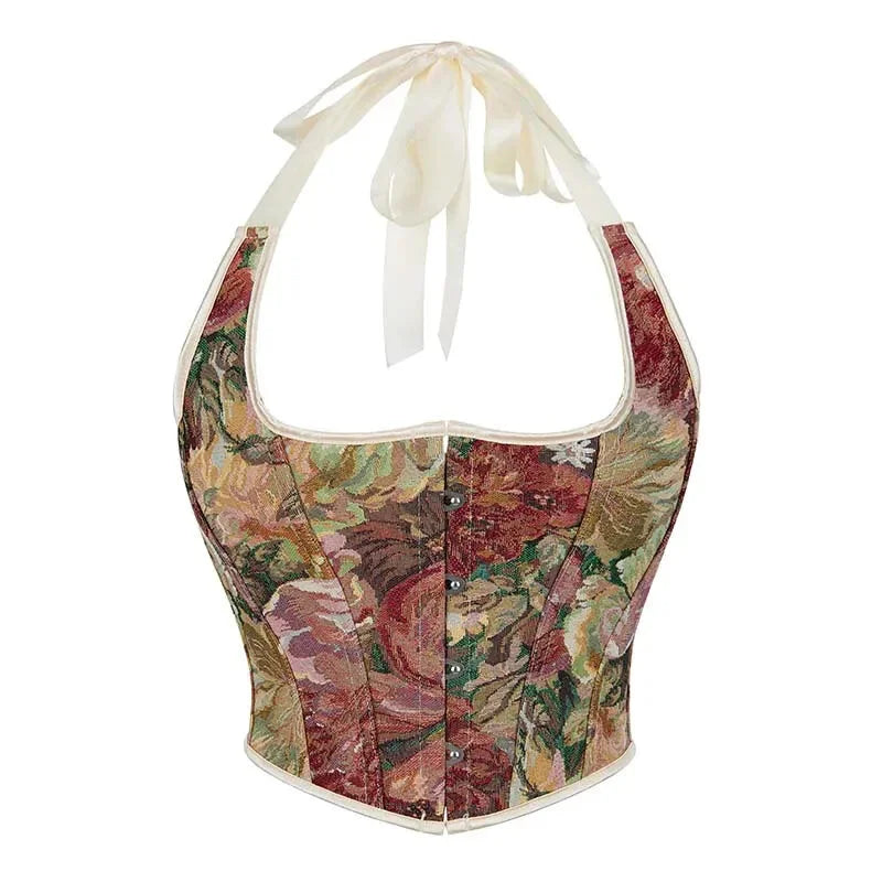 Retro Floral Print Halterneck Corset Top Front Busk Closure Plus Size Xs-Xxl - Xxl