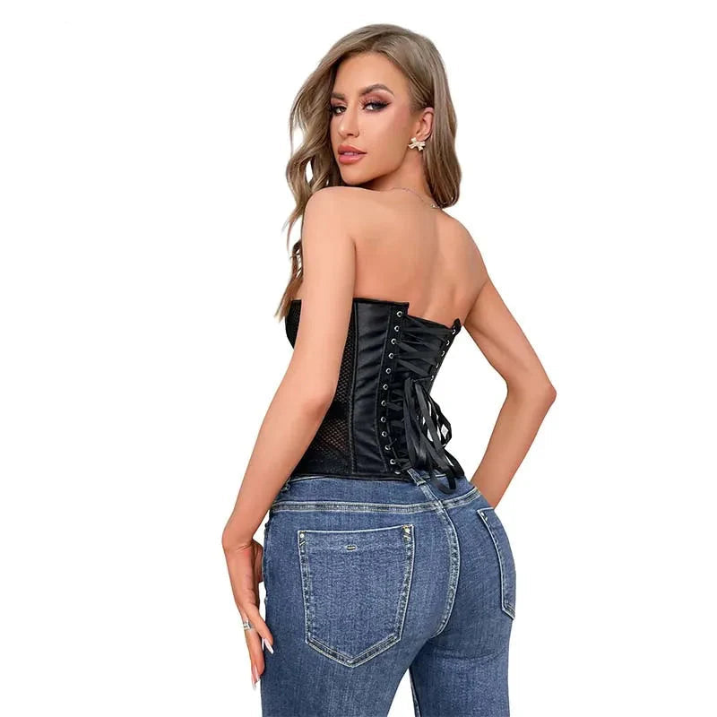 Transparent Gothic Corset With Thong Plus Size S-6Xl Mesh Net Lingerie Bustier - Xl
