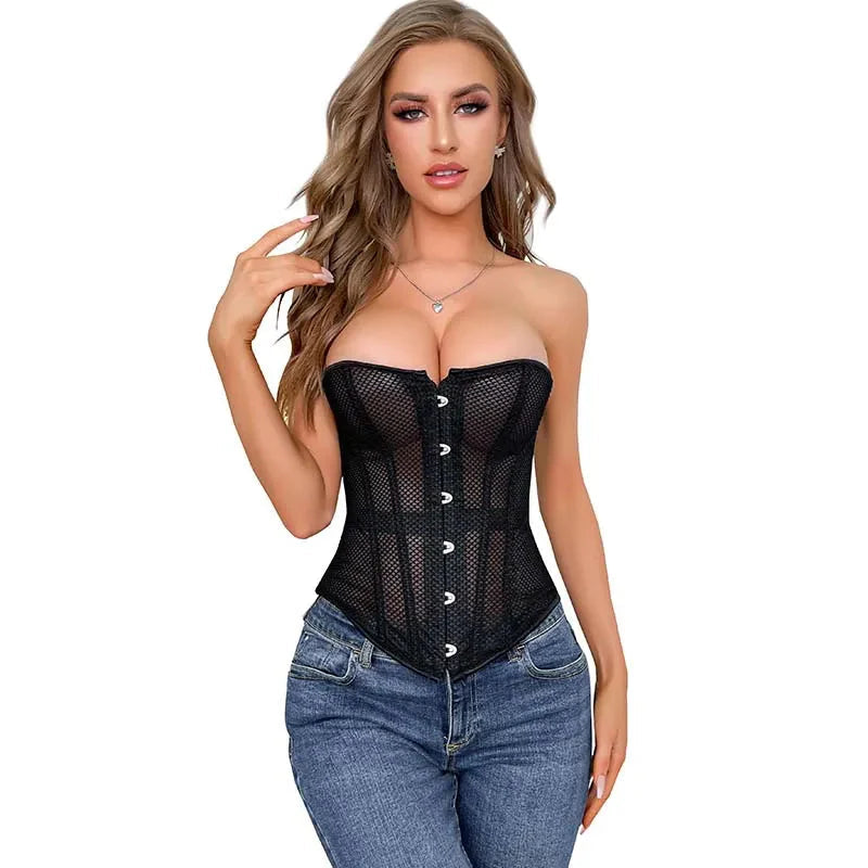 Transparent Gothic Corset With Thong Plus Size S-6Xl Mesh Net Lingerie Bustier - 6Xl
