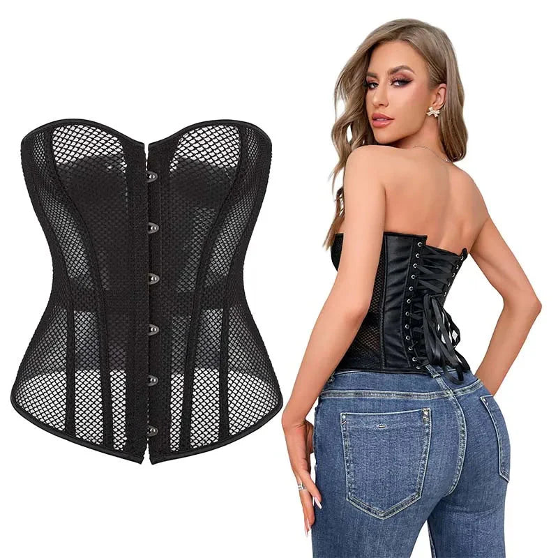 Transparent Gothic Corset With Thong Plus Size S-6Xl Mesh Net Lingerie Bustier - Xxxl