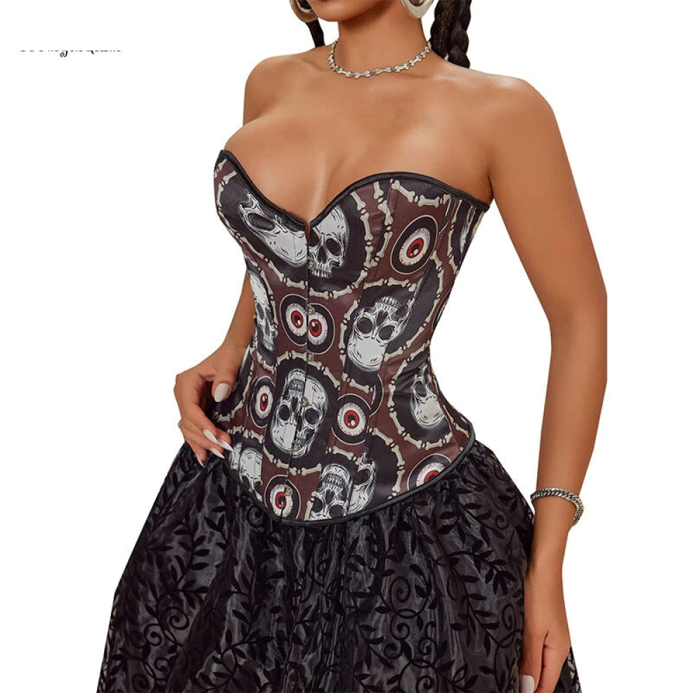 Skull Print Gothic Corset Front Busk Closure Lace Up Boned Plus Size Xs-Xl - Xl