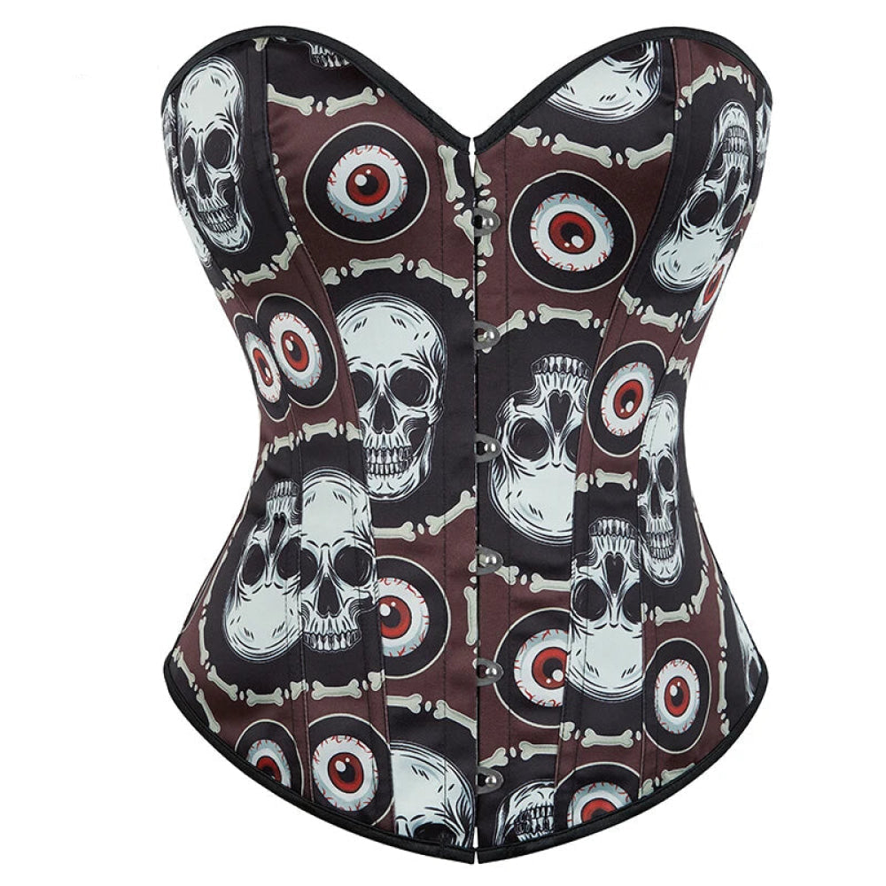 Skull Print Gothic Corset Front Busk Closure Lace Up Boned Plus Size Xs-Xl - Xl
