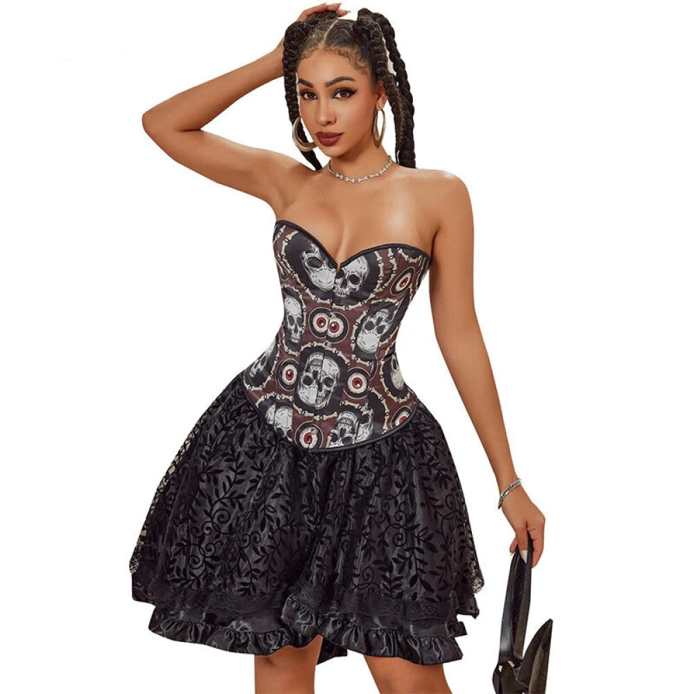 Skull Print Gothic Corset Front Busk Closure Lace Up Boned Plus Size Xs-Xl - L