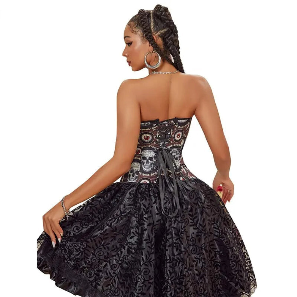 Skull Print Gothic Corset Front Busk Closure Lace Up Boned Plus Size Xs-Xl - M