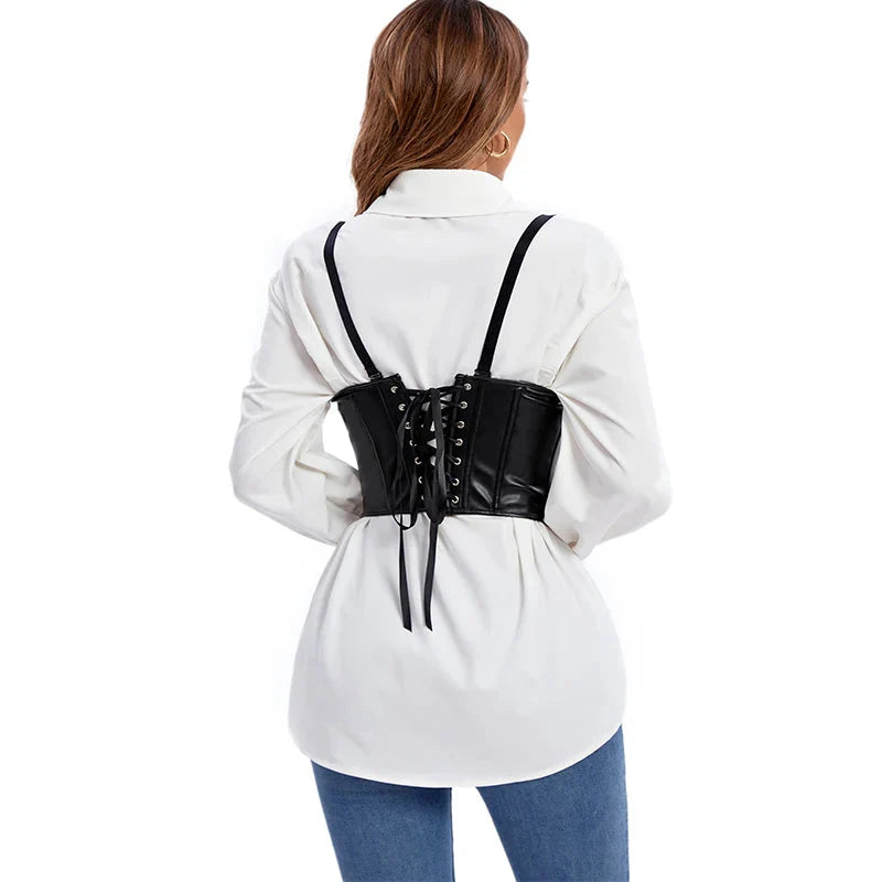 Plus Size Black Leather Corset Waist Trainer Vest With Strap 10 Plastic Bones S-6Xl - Xxxl