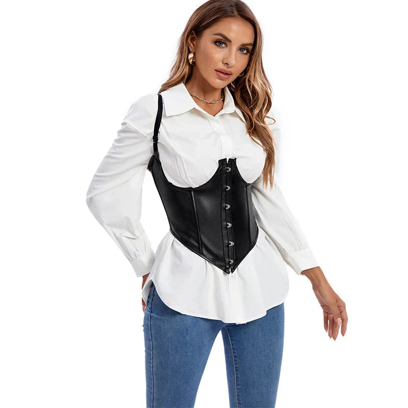 Plus Size Black Leather Corset Waist Trainer Vest With Strap 10 Plastic Bones S-6Xl - Xxxl