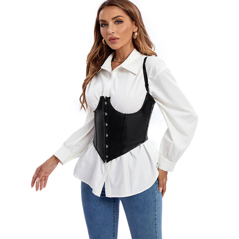 Plus Size Black Leather Corset Waist Trainer Vest With Strap 10 Plastic Bones S-6Xl - S