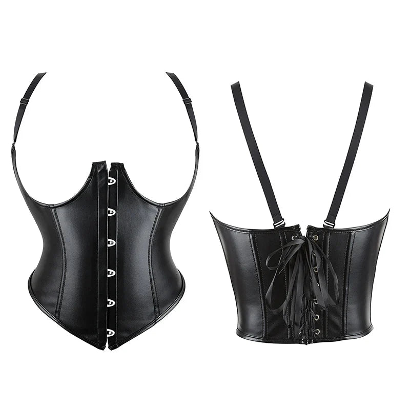 Plus Size Black Leather Corset Waist Trainer Vest With Strap 10 Plastic Bones S-6Xl - M