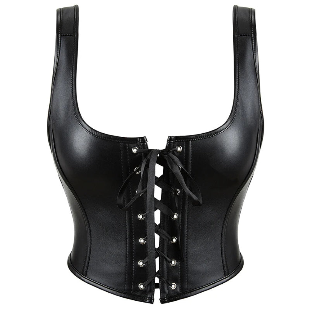 12-Bone Shoulder Strap Corset Crop Top Synthetic Leather Lacing Ribbon Bandaged Design Women - L