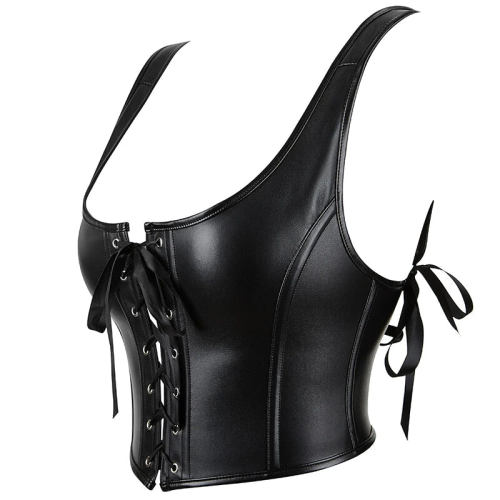 12-Bone Shoulder Strap Corset Crop Top Synthetic Leather Lacing Ribbon Bandaged Design Women - L