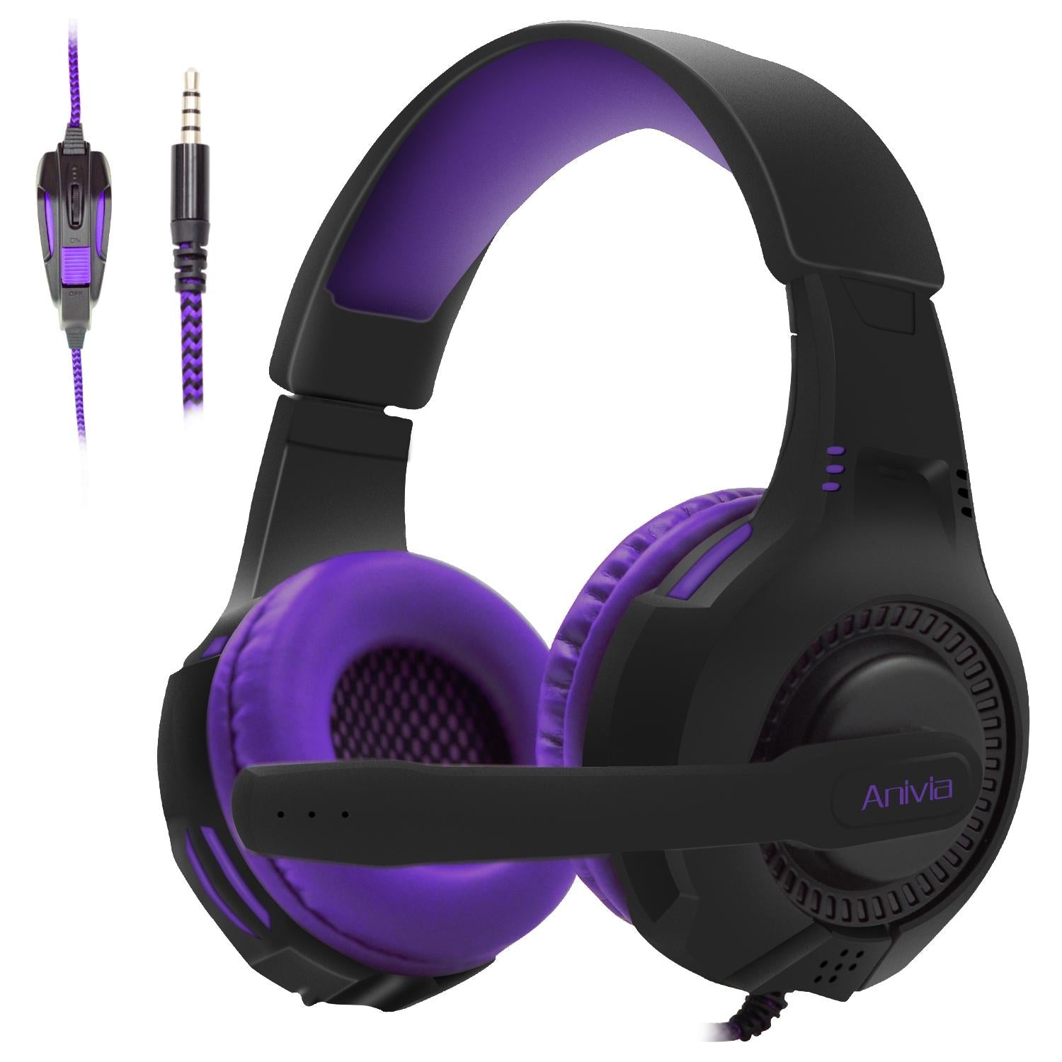 Retractable Mic Gaming Headset 3.5Mm Plug 2M Cable Black / Purple