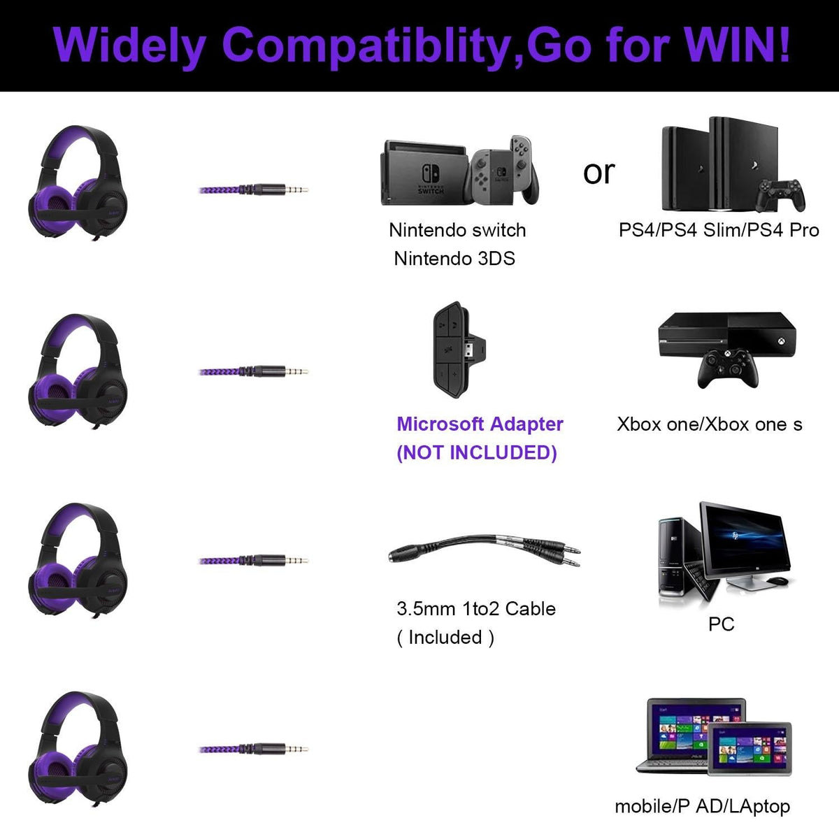 Retractable Mic Gaming Headset 3.5Mm Plug 2M Cable Black / Purple