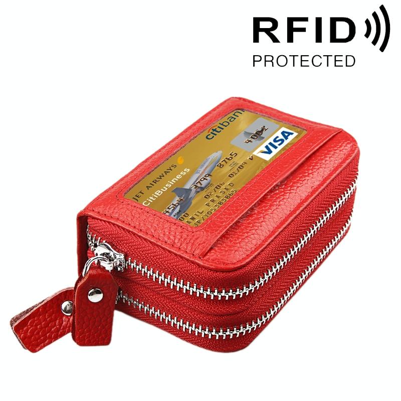 11-slot Rfid Blocking Leather Card Holder Wallet with Coin Pocket - Red