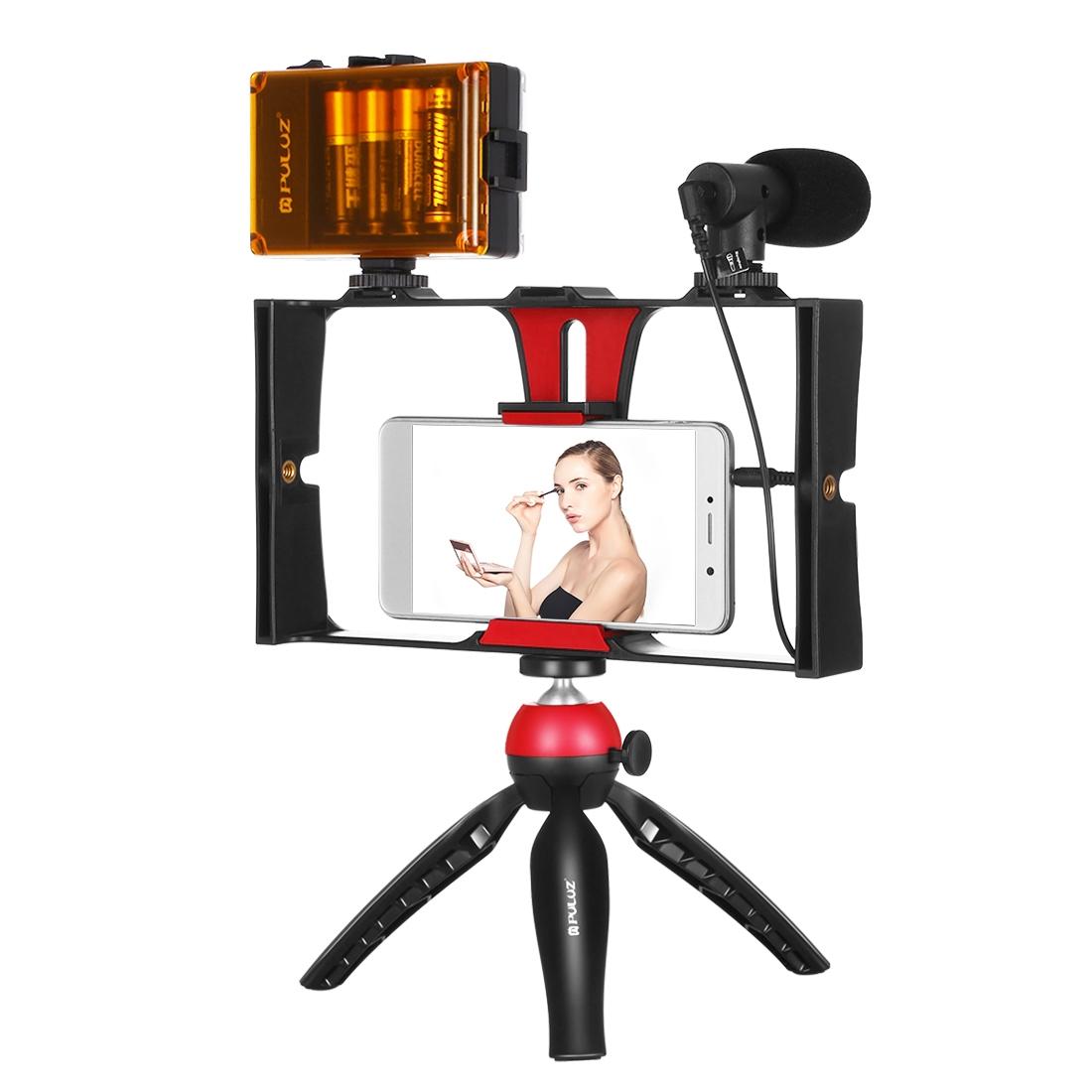 Live Broadcast Vlogging Kit With Led Light Microphone Tripod & Cold Shoe Head - Red