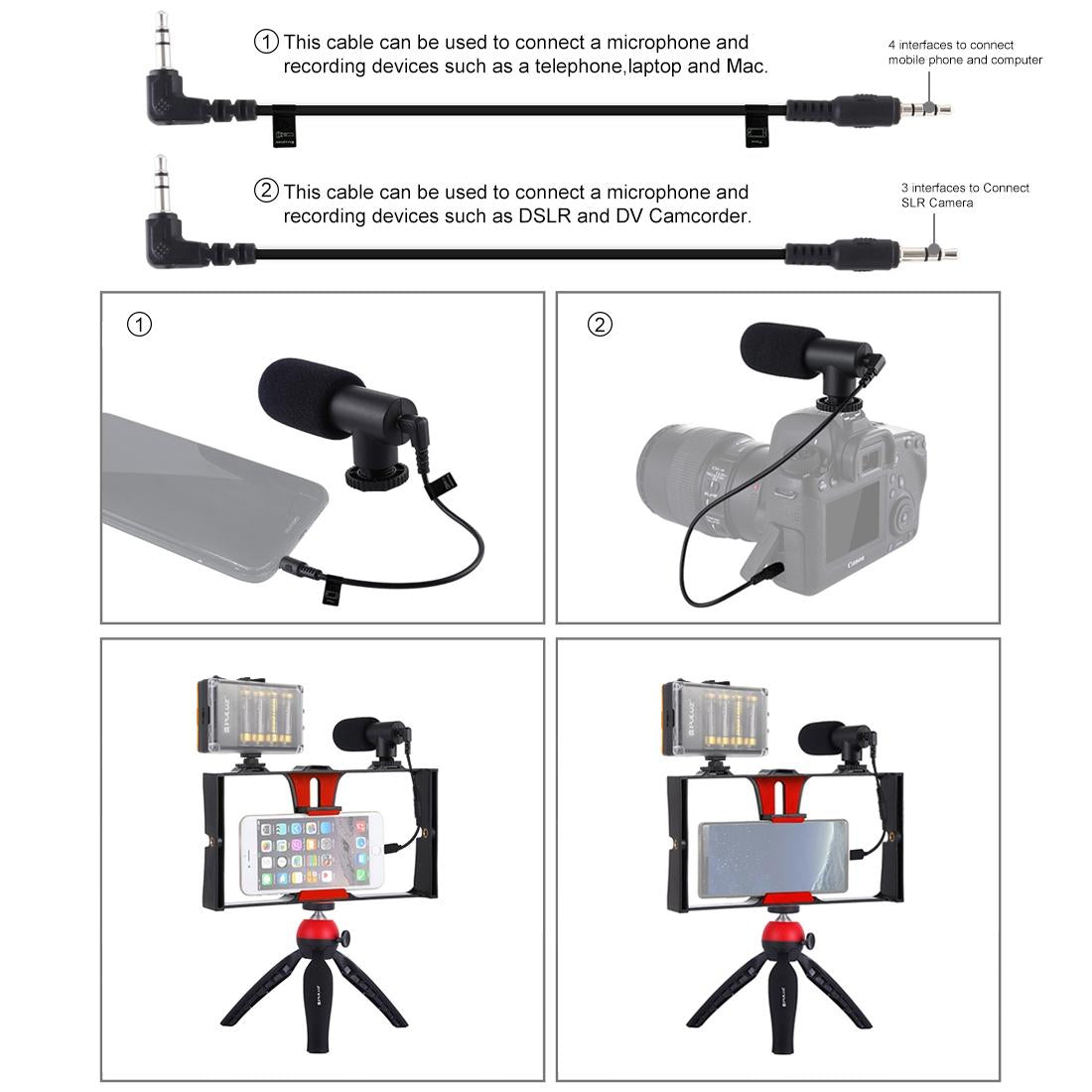 Live Broadcast Vlogging Kit With Led Light Microphone Tripod & Cold Shoe Head - Red