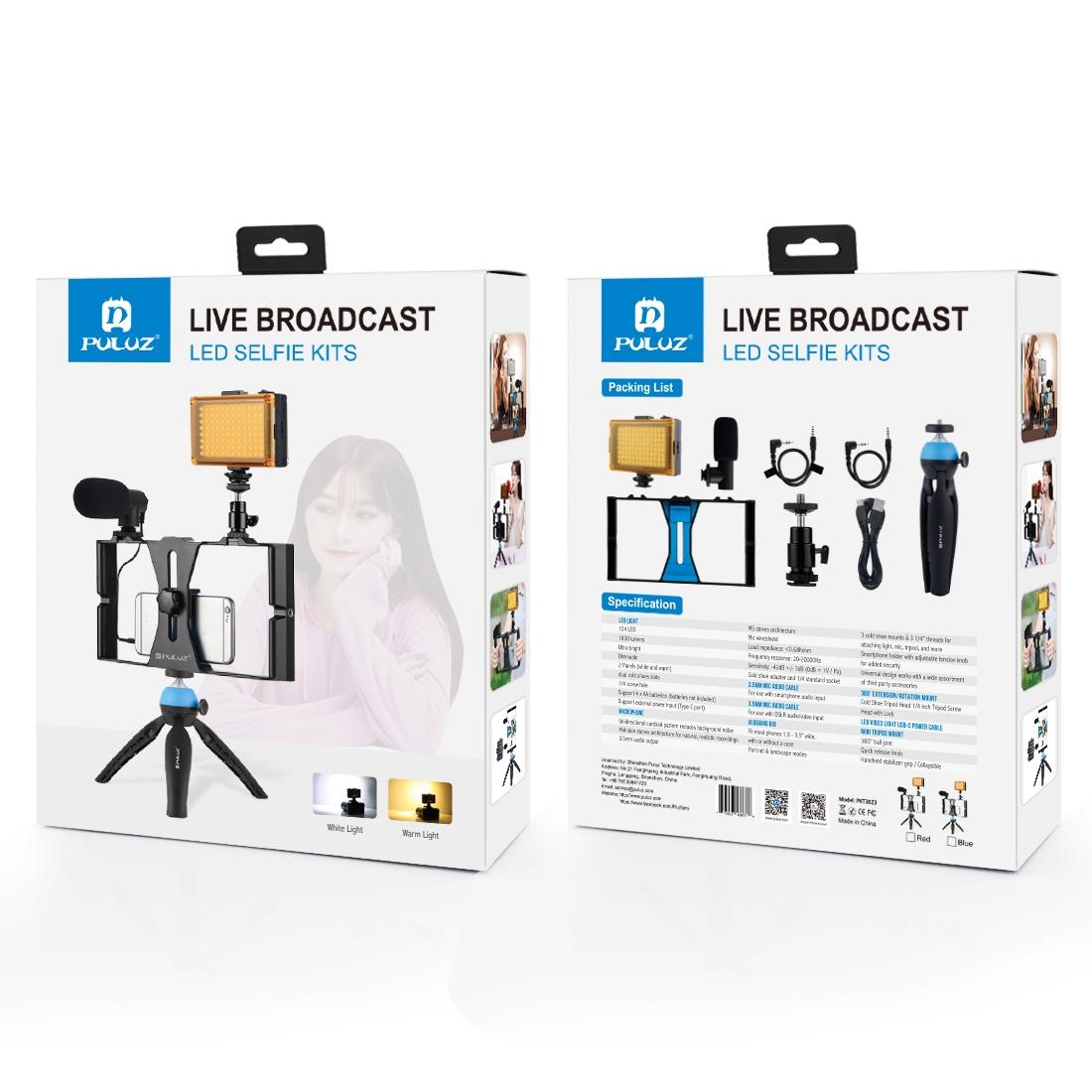 Live Broadcast Vlogging Kit With Led Light Microphone Tripod & Cold Shoe Head - Red