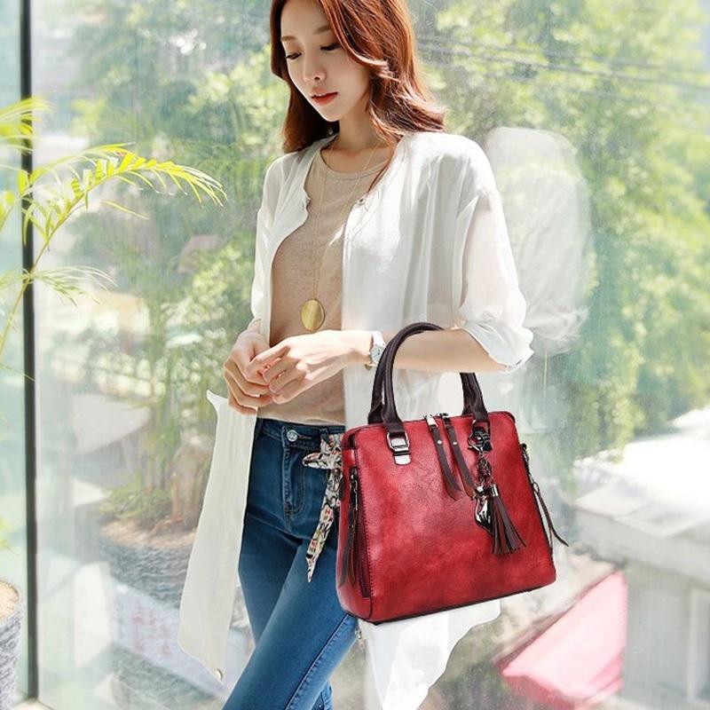 Red Pu Shoulder Bag With Tassel & Cat Pendant