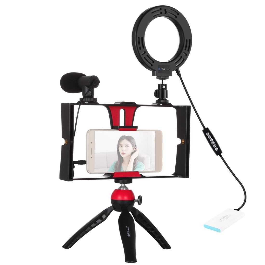 Vlogging Live Broadcast Smartphone Video Rig With 4.7 Inch Rgbw Ring Led Selfie Light Microphone And Pocket Tripod Mount Kit - Red