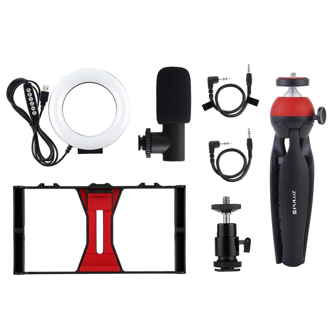 Vlogging Live Broadcast Smartphone Video Rig With 4.7 Inch Rgbw Ring Led Selfie Light Microphone And Pocket Tripod Mount Kit - Red