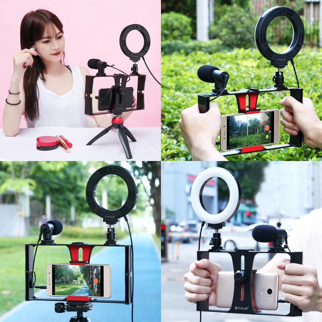 Vlogging Live Broadcast Smartphone Video Rig With 4.7 Inch Rgbw Ring Led Selfie Light Microphone And Pocket Tripod Mount Kit - Red