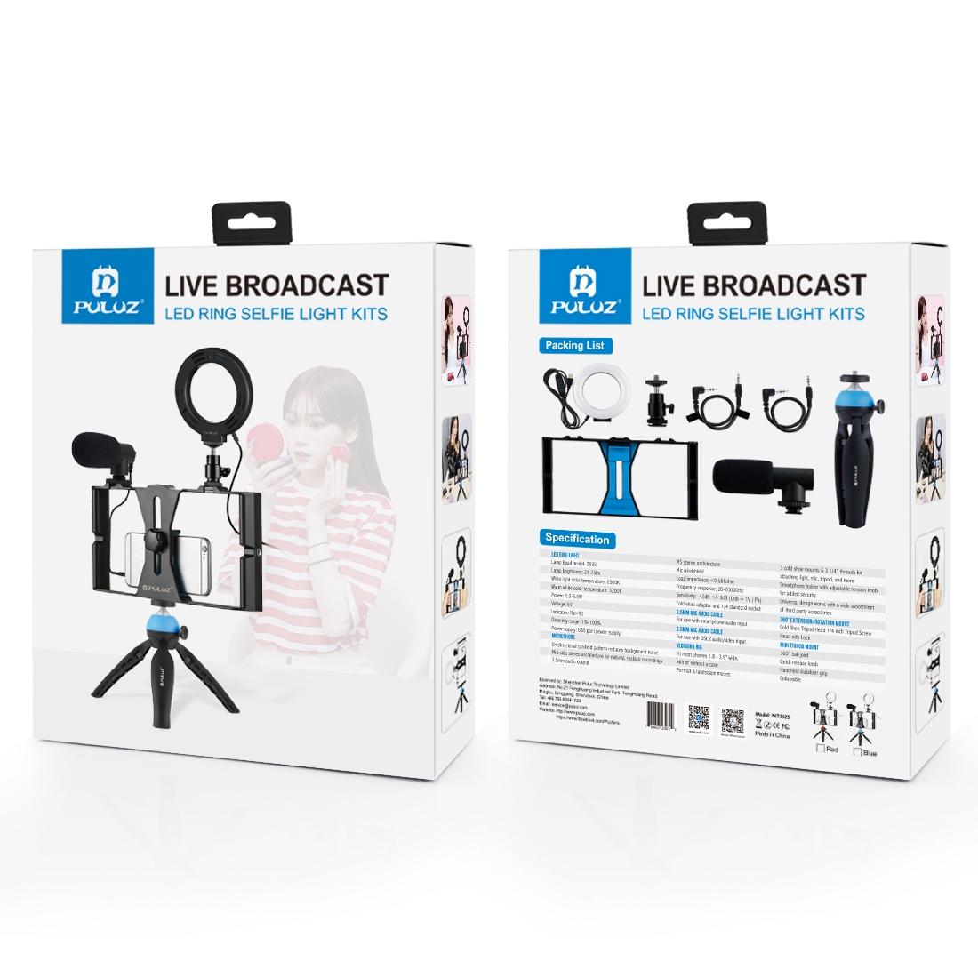 Vlogging Live Broadcast Smartphone Video Rig With 4.7 Inch Rgbw Ring Led Selfie Light Microphone And Pocket Tripod Mount Kit - Red