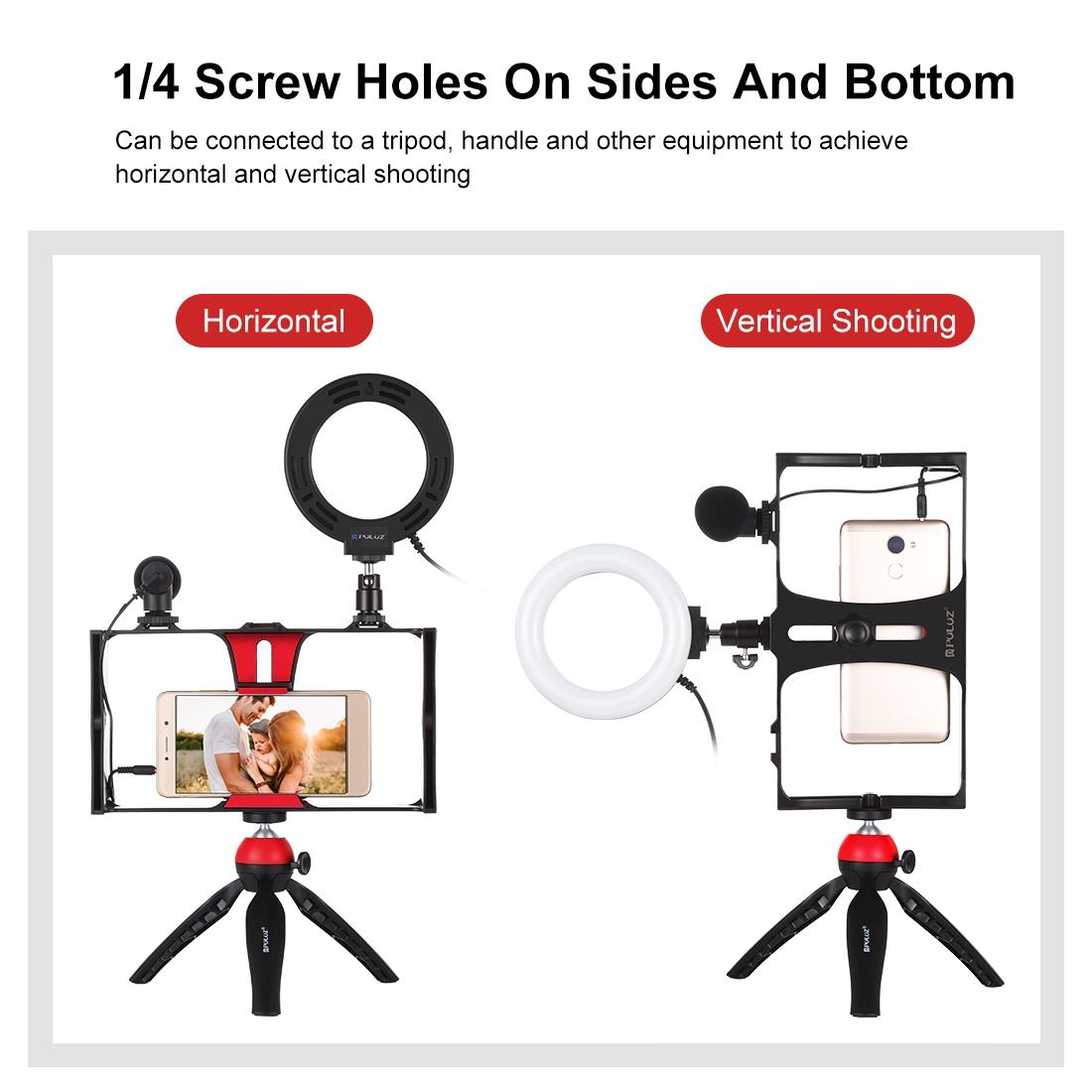 Vlogging Live Broadcast Smartphone Video Rig With 4.7 Inch Rgbw Ring Led Selfie Light Microphone And Pocket Tripod Mount Kit - Red