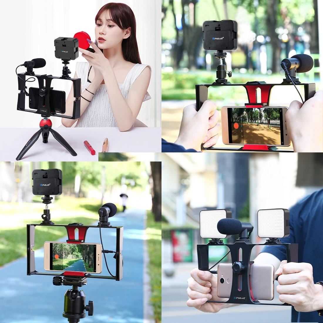 Vlogging Live Broadcast Kit With Led Fill Light Microphone Tripod Mount & Cold Shoe Head - Red