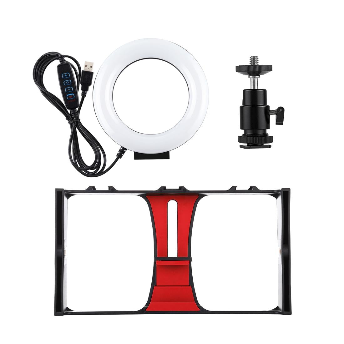 Vlogging Live Broadcast Smartphone Video Rig With 4.7 Inch Ring Led Selfie Light Kit And Cold Shoe Tripod Head - Red