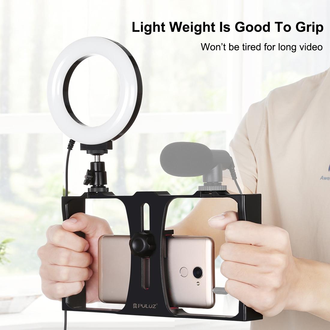 Vlogging Live Broadcast Smartphone Video Rig With 4.7 Inch Ring Led Selfie Light Kit And Cold Shoe Tripod Head - Red