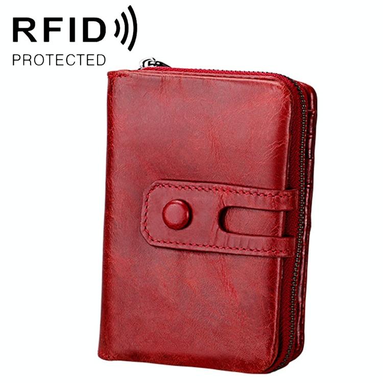 Zip Rfid Crazy Horse Leather Wallet - Brown - Red