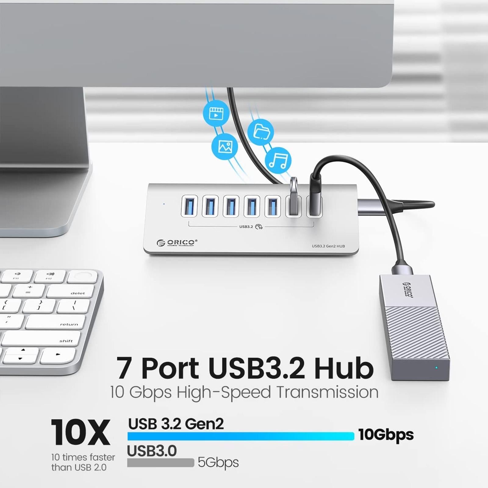 7-Port Usb 3.2 Gen2 10Gbps Hub With 1M Cable
