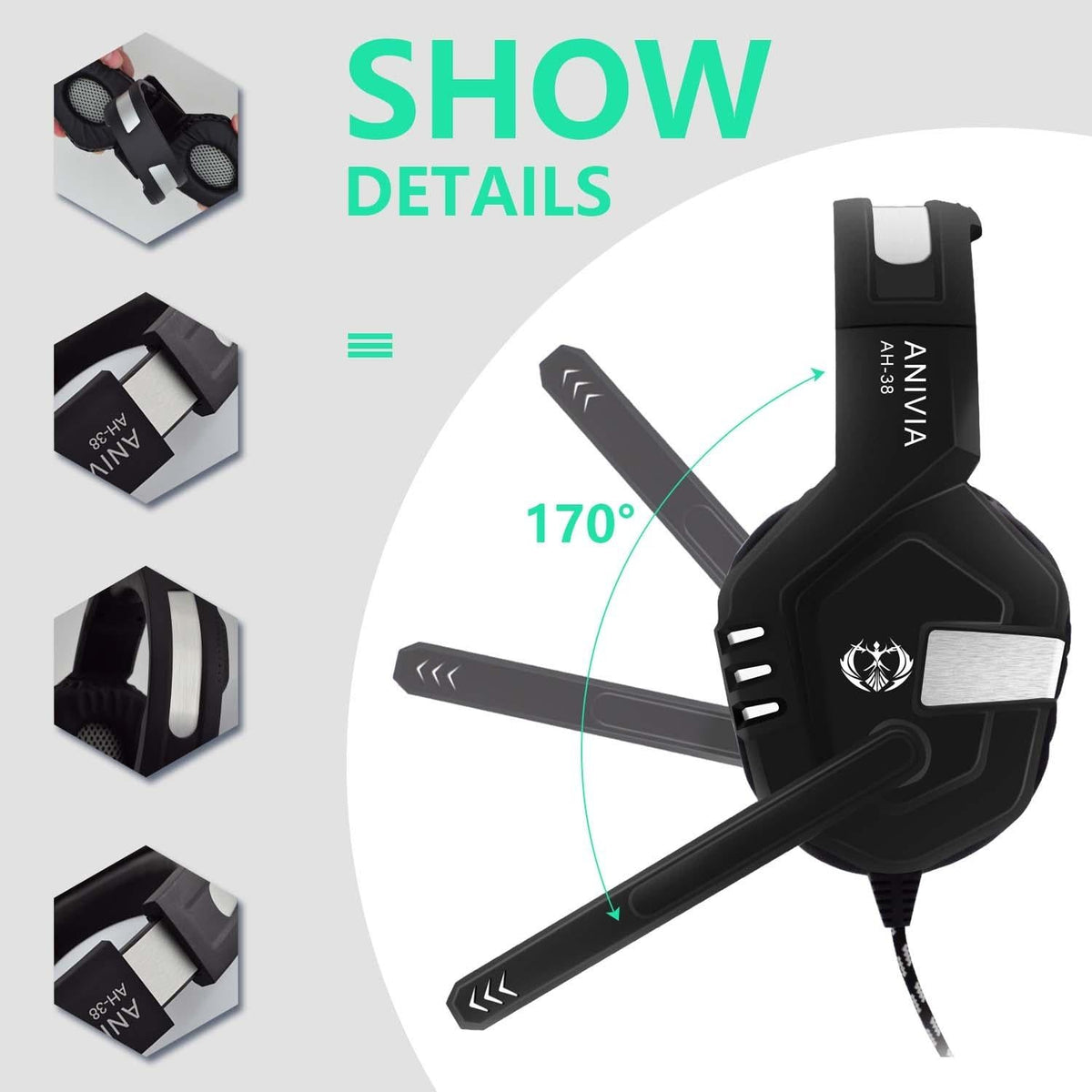 Retractable Mic Gaming Headset 3.5Mm Plug 2M Cable Black Silver