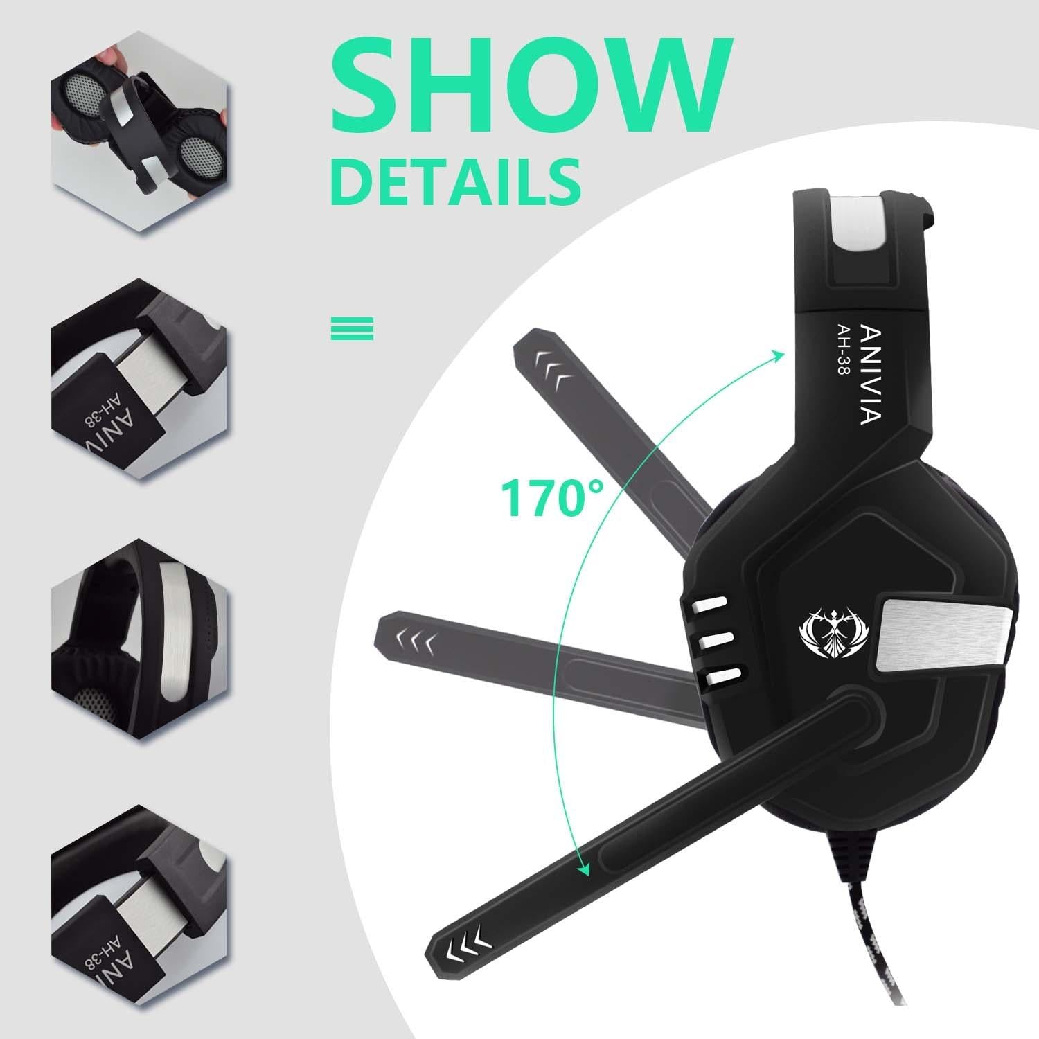 Retractable Mic Gaming Headset 3.5Mm Plug 2M Cable Black Silver