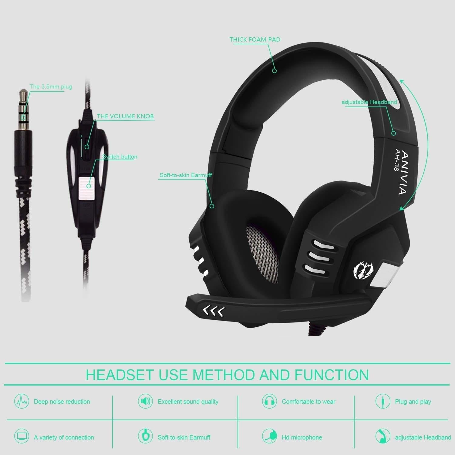 Retractable Mic Gaming Headset 3.5Mm Plug 2M Cable Black Silver