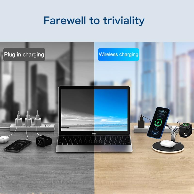 15W 3 In 1 Magnetic Wireless Charger For Phones Watches And Airpods With Led Light - White