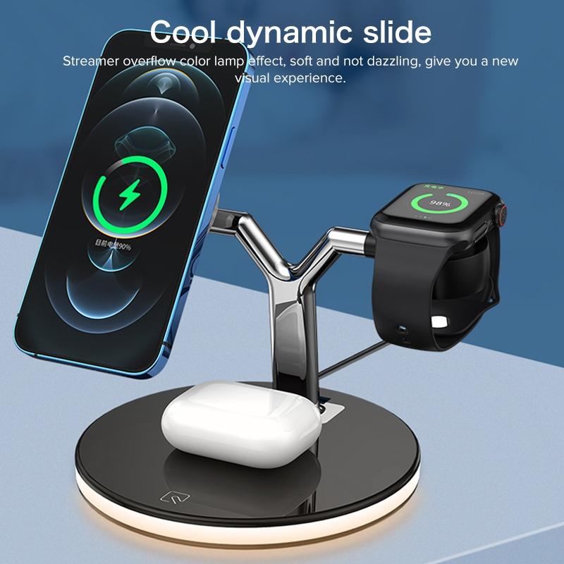 15W 3 In 1 Magnetic Wireless Charger For Phones Watches And Airpods With Led Light - White