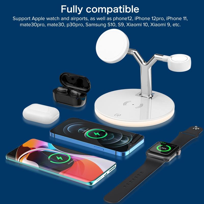 15W 3 In 1 Magnetic Wireless Charger For Phones Watches And Airpods With Led Light - White