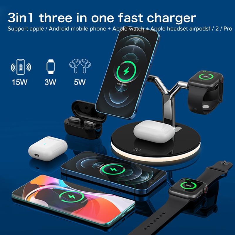 15W 3 In 1 Magnetic Wireless Charger For Phones Watches And Airpods With Led Light - White