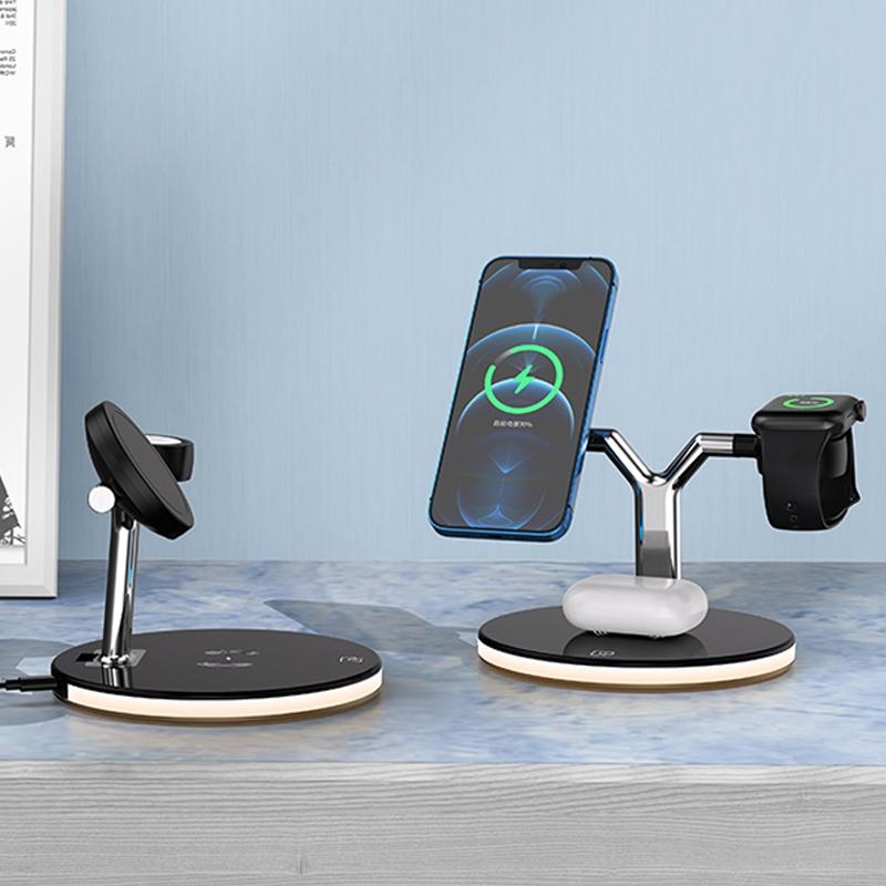 15W 3 In 1 Magnetic Wireless Charger For Phones Watches And Airpods With Led Light - White