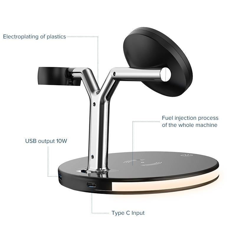 15W 3 In 1 Magnetic Wireless Charger For Phones Watches And Airpods With Led Light - White