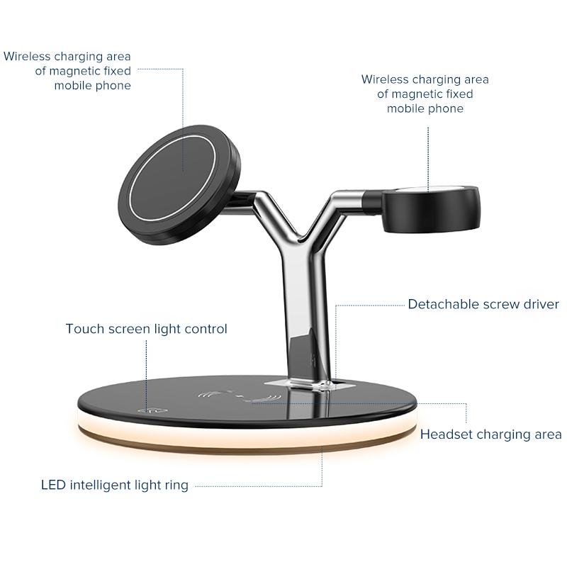 15W 3 In 1 Magnetic Wireless Charger For Phones Watches And Airpods With Led Light - White