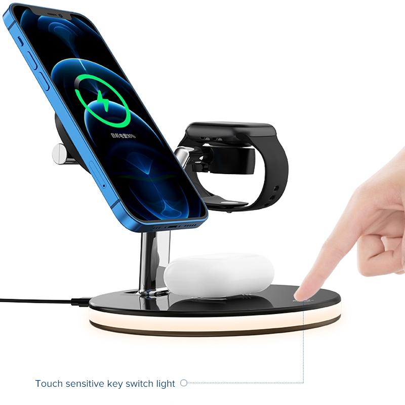 15W 3 In 1 Magnetic Wireless Charger For Phones Watches And Airpods With Led Light - White