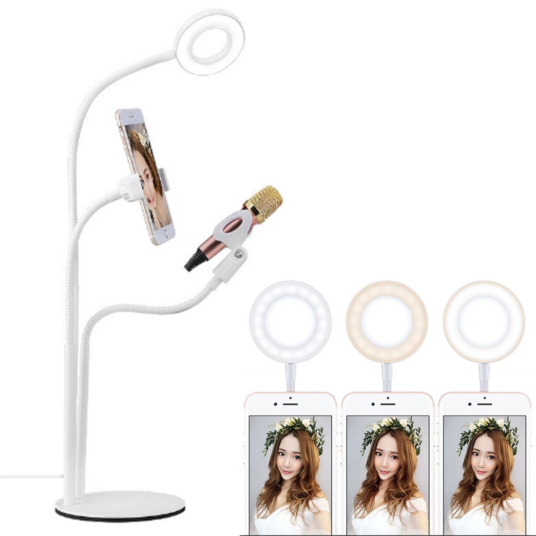 Universal Cell Phone Holder with Selfie Ring Light Microphone Clip &amp; 3-colour Light Adjustment for Studio Recording Live Broadcast Ktv White