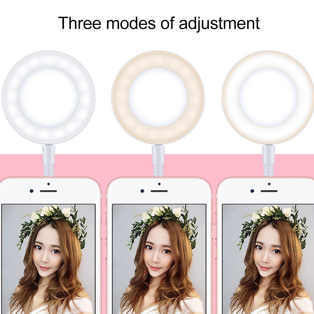 Universal Cell Phone Holder with Selfie Ring Light Microphone Clip & 3-colour Light Adjustment for Studio Recording Live Broadcast Ktv White
