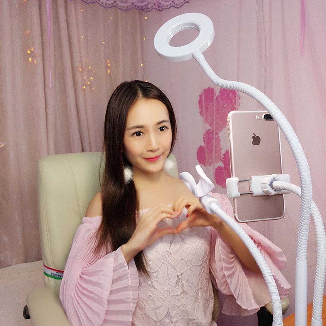 Universal Cell Phone Holder with Selfie Ring Light Microphone Clip & 3-colour Light Adjustment for Studio Recording Live Broadcast Ktv White