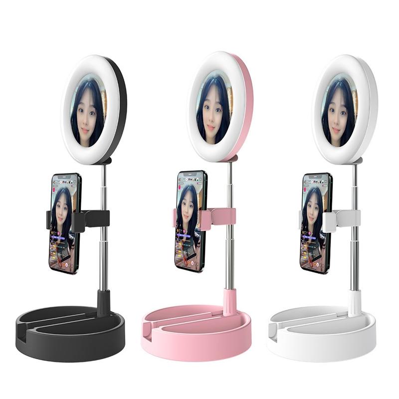 Foldable Desktop Makeup Mirror Holder with Storage - White